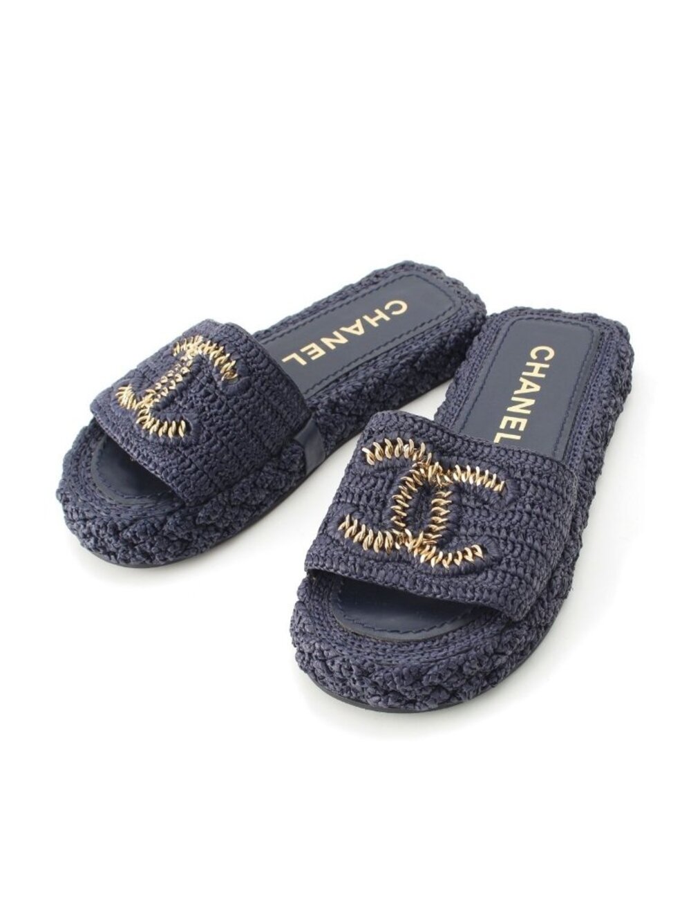 Chanel Raffia CC Logo Flat Sandals Slippers Navy 34C